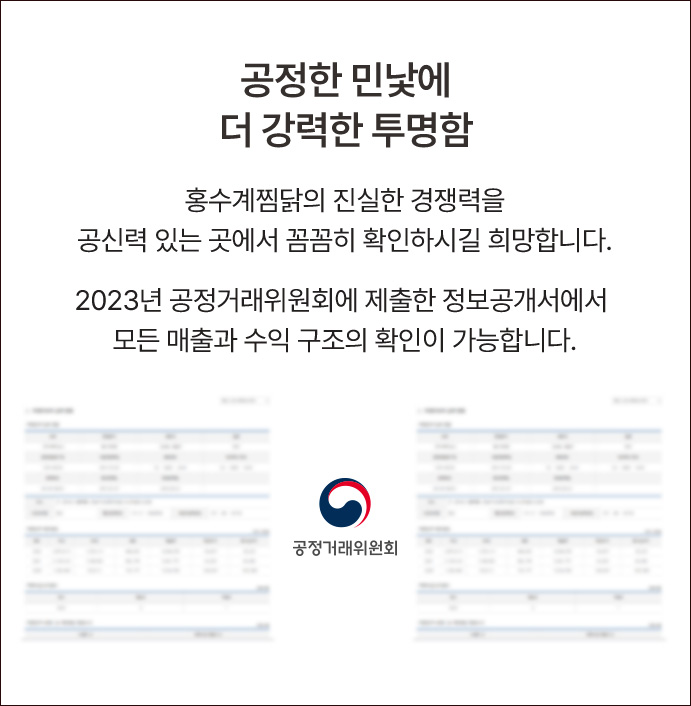 공정한 민낯에 더 강력한 투명함 홍수계찜닭의 진실한 경쟁력을 공신력 있는 곳에서 꼼꼼히 확인하시길 희망합니다. 2023년 공정거래위원회에 제출한 정보공개서에서 모든 매출과 수익 구조의 확인이 가능합니다.